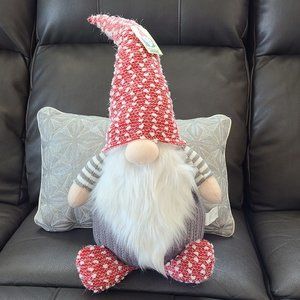 Sitting No Eyes Gnome, Gray Sweater, Red Cap and Socks, 21 inches